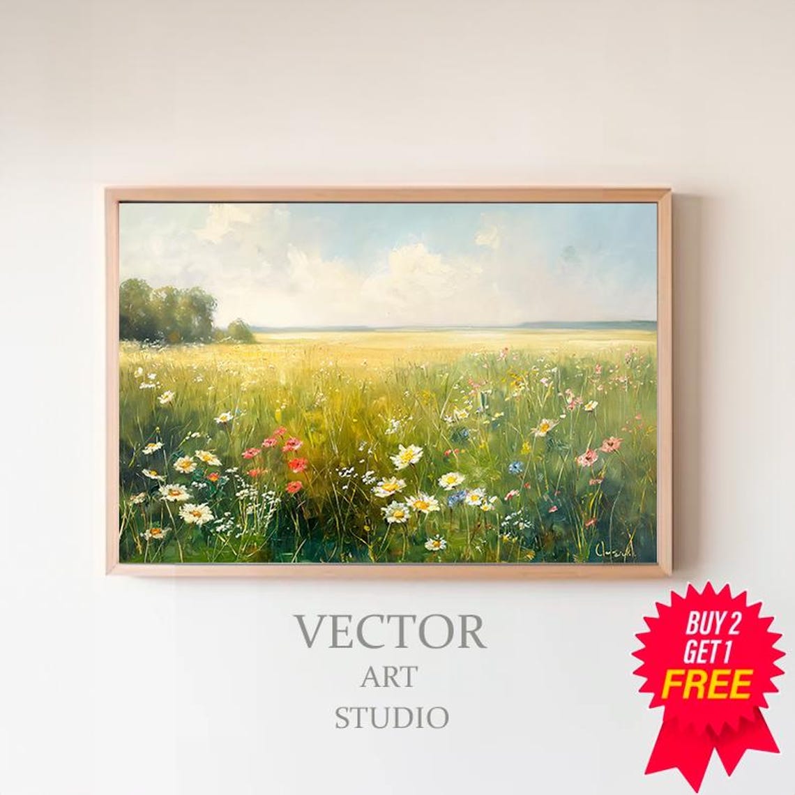 Sunlit Wildflower Meadow Summer Landscape Oil Painting Art Poster