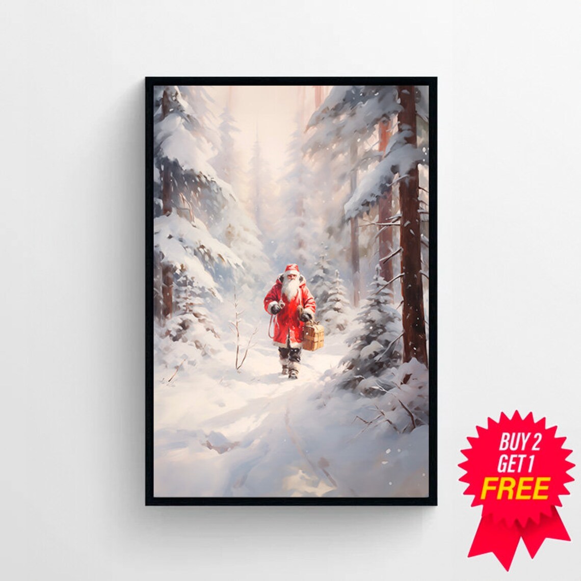 Santa Claus Walking Through a Snowy Pine Forest at Dusk Poster - Image 4