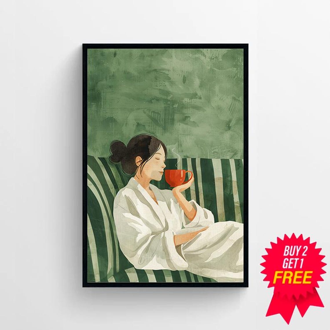Woman in a White Robe Drinking Coffee on a Green Couch Poster - Image 4