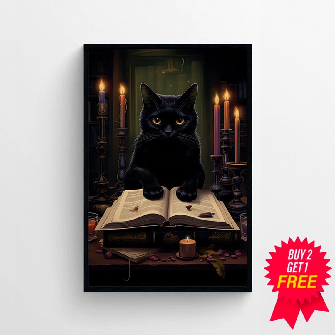 Black Cat Reading an Open Book by Candlelight in Library Poster - Image 4