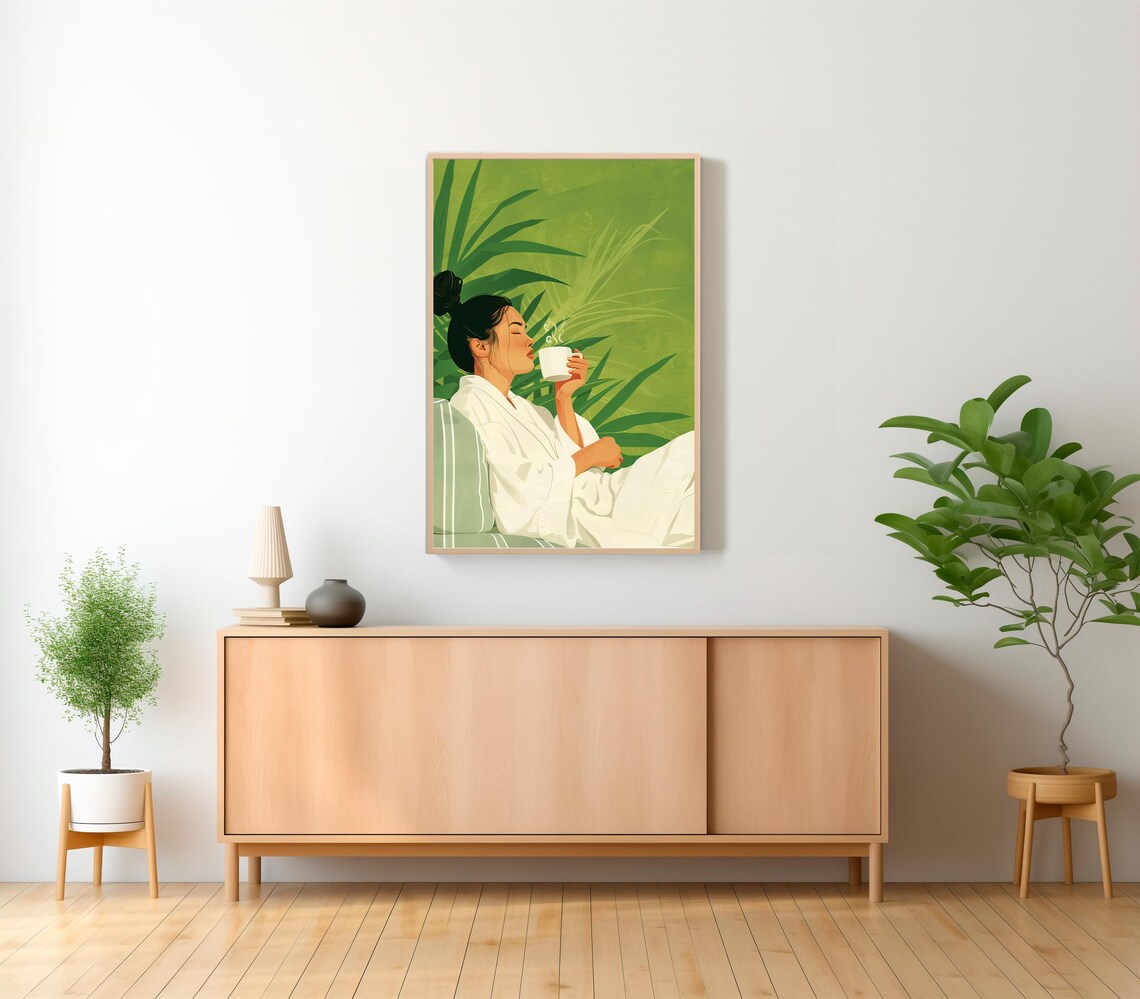 Emerald Green Abstract People Large Wall Art Contemporary Artwork Minimalist Print Coffee Lover Wall Art Stripe Woman Print - Image 2