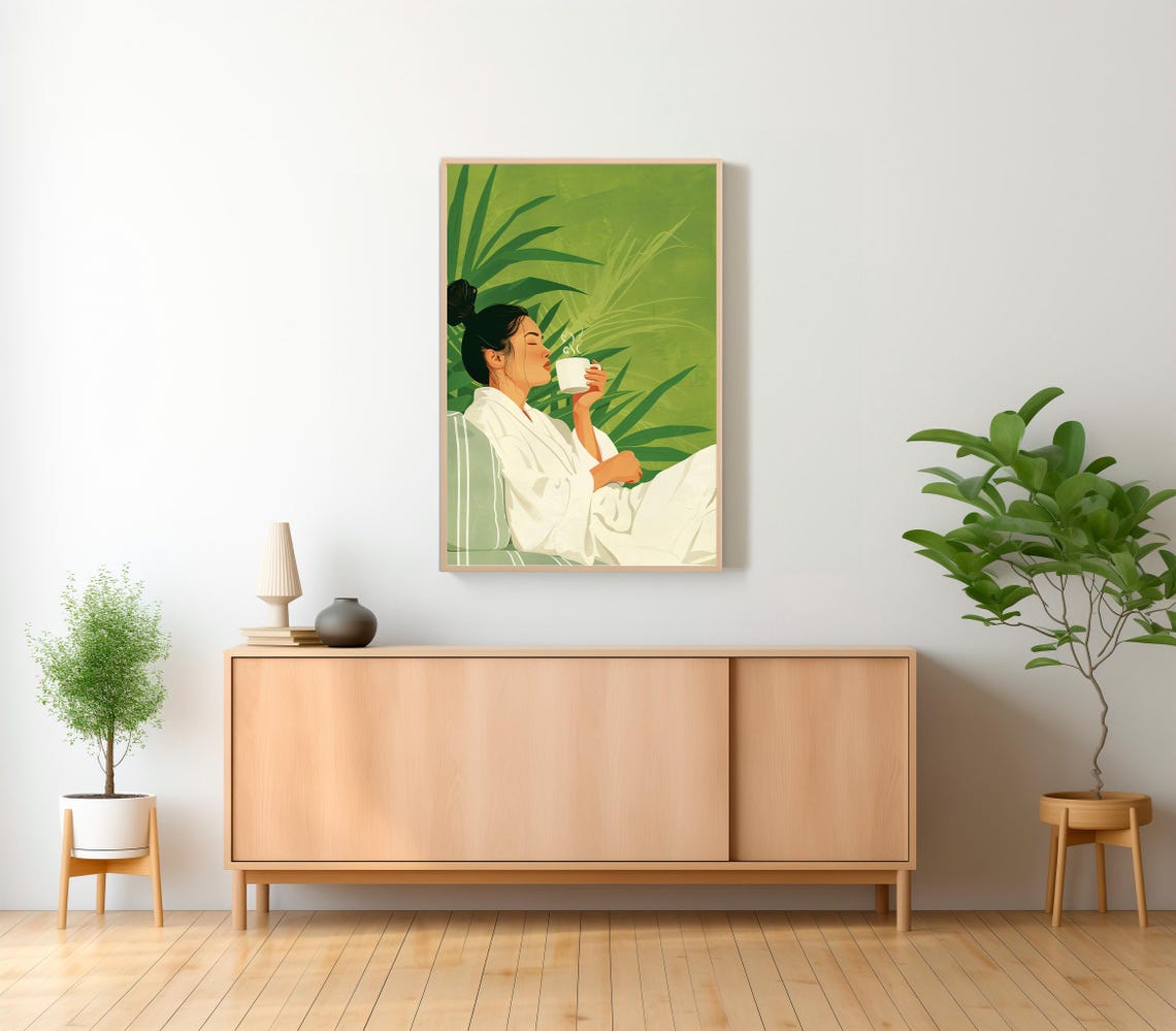 Woman Sipping Hot Coffee Among Lush Green Palm Leaves Poster - Image 2