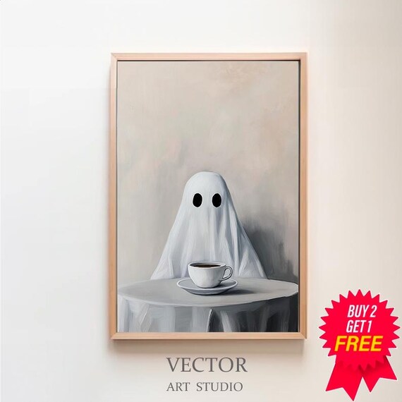 Whimsical Ghost With Coffee Cup Vintage Halloween Style Poster