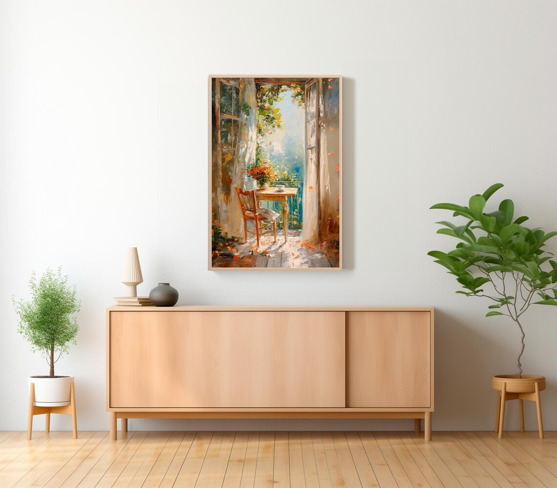 Sunlit French Balcony Door with Table Chair and Flowers Poster - Image 2