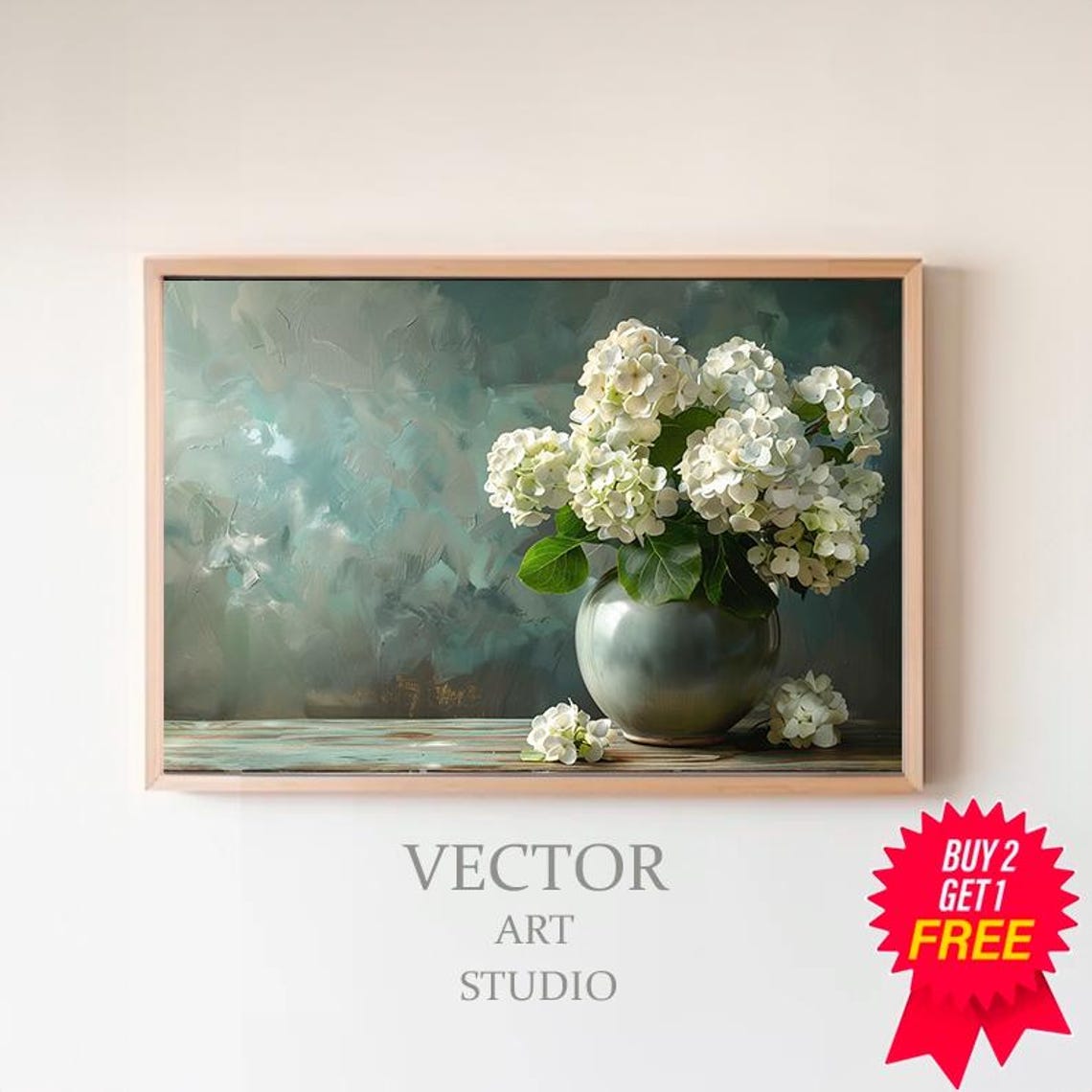 White Hydrangeas in a Grey Vase Teal Floral Still Life Painting Poster