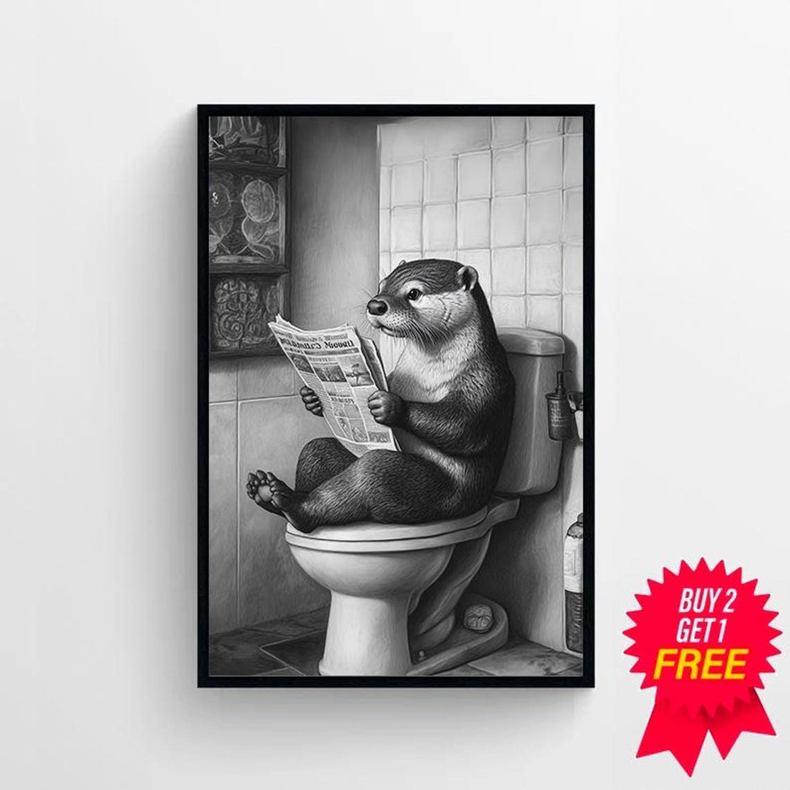 Funny Otter Reading Newspaper On Toilet Humorous Bathroom Poster - Image 4