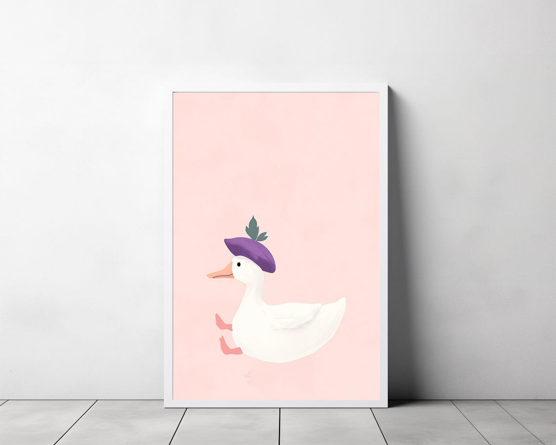Cute Duck Wearing a Purple Hat Running on Pink Nursery Poster - Image 3
