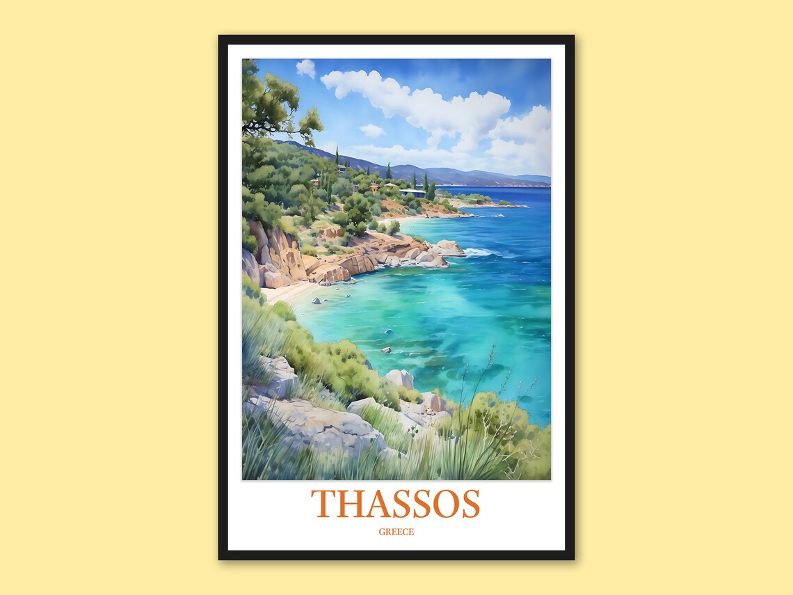 Thassos Greece Rocky Coastline Turquoise Watercolor Travel Poster