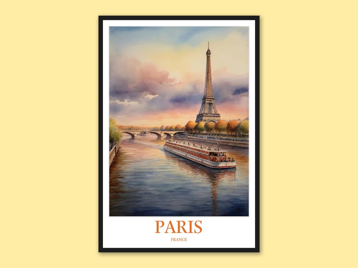 Paris Eiffel Tower Sunset River Barge Watercolor Travel Poster