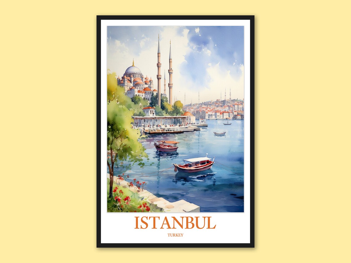 Istanbul Turkey Bosphorus Mosque Boats Watercolor Travel Poster