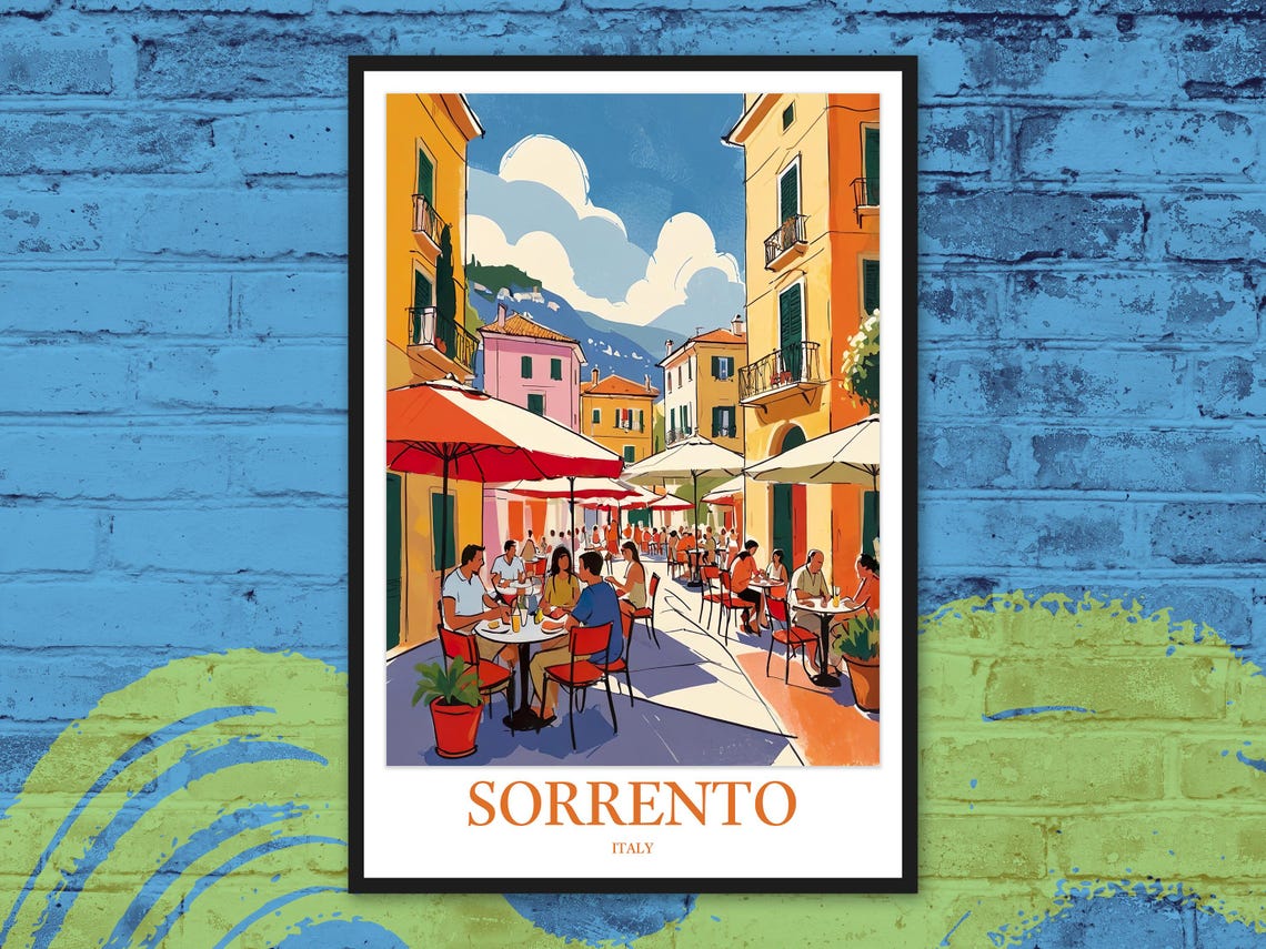 Sorrento Italy Al Fresco Dining Cafe Scene Colorful Travel Poster