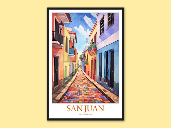 San Juan Puerto Rico Colorful Colonial Street Watercolor Travel Poster