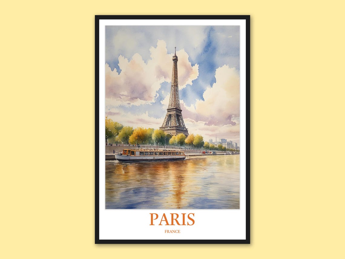 Paris Eiffel Tower Seine River Cruise Watercolor Travel Poster