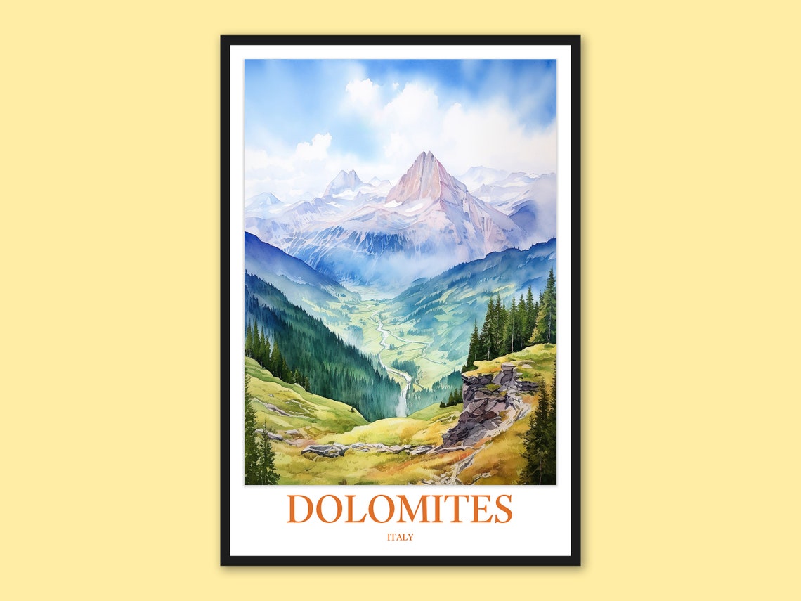 Dolomites Towering Peaks Over Alpine Valley Watercolor Poster