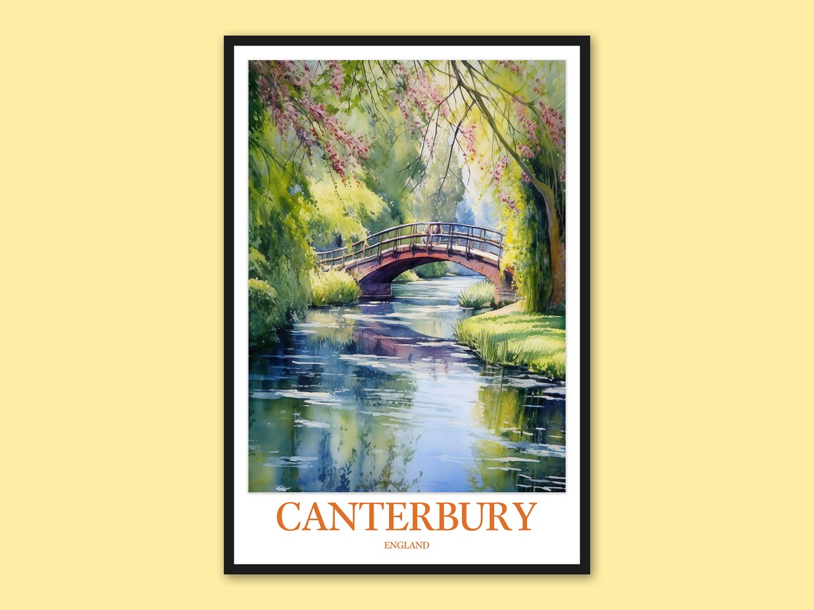 Canterbury England Blossom Canal Bridge Spring Watercolor Poster