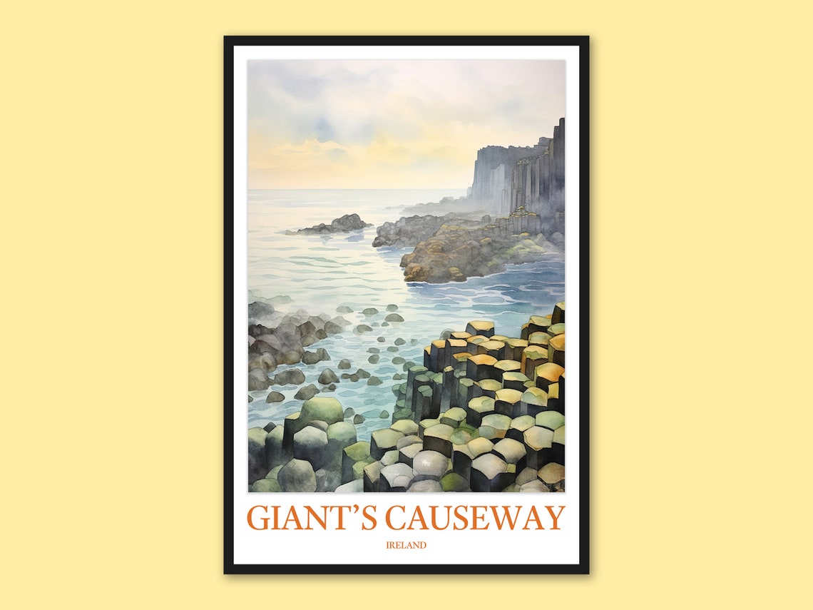 Giants Causeway Ireland Basalt Columns Watercolor Travel Poster