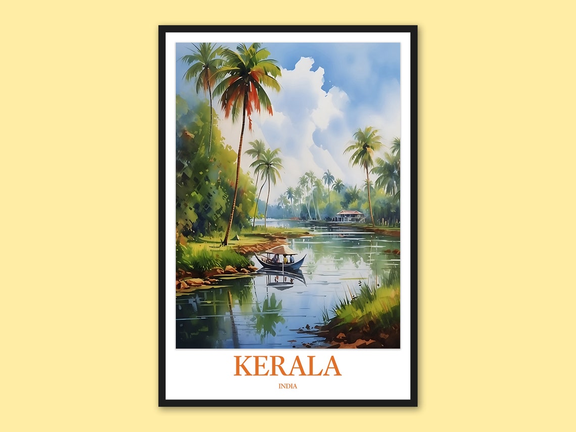 Kerala Backwaters Canal Palm Trees Canopy Boat Watercolor Poster