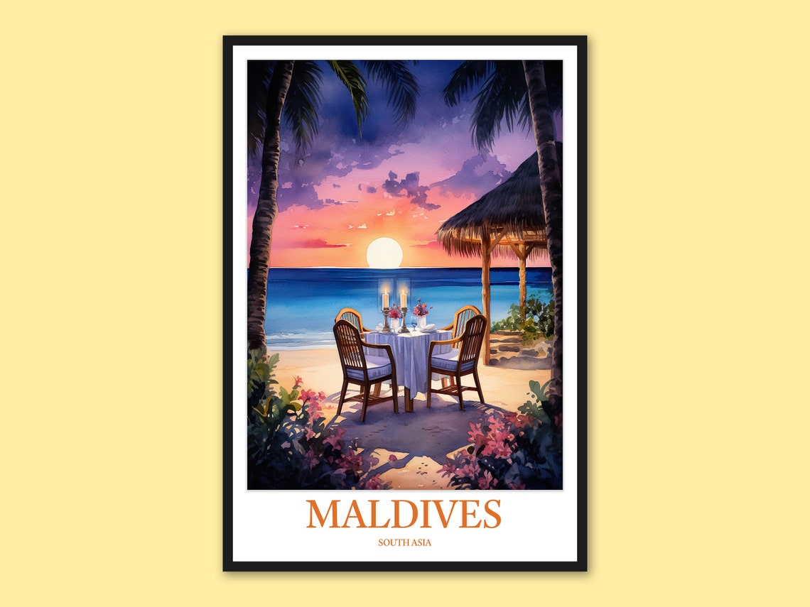 Maldives Beach Dinner Under Palms Sunset Watercolor Travel Poster