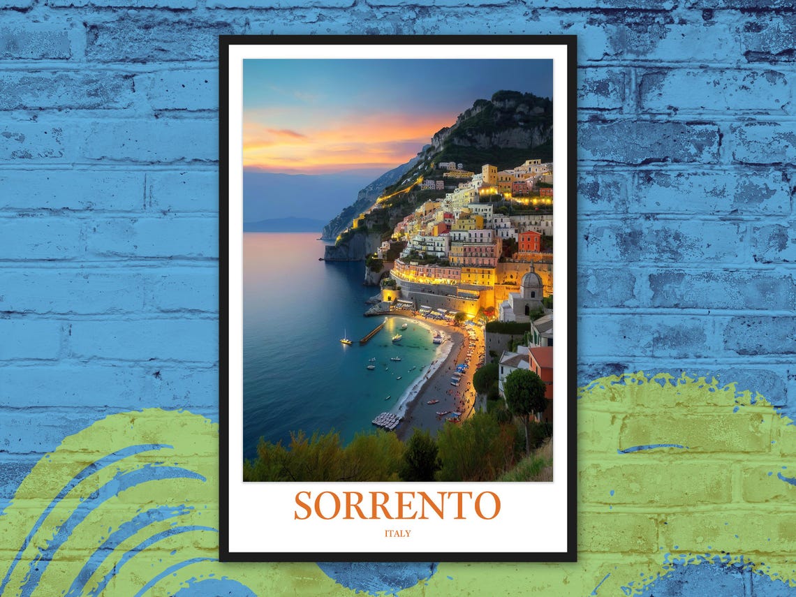 Sorrento Italy Sunset Beach Cliffside Coast Evening Travel Poster