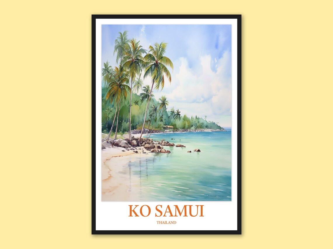 Ko Samui Thailand Rocky Cove Palm Trees Beach Watercolor Poster