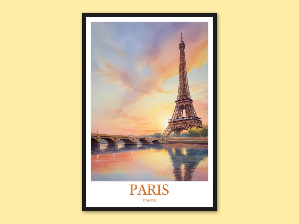 Eiffel Tower Paris Sunset Seine River Watercolor Travel Poster