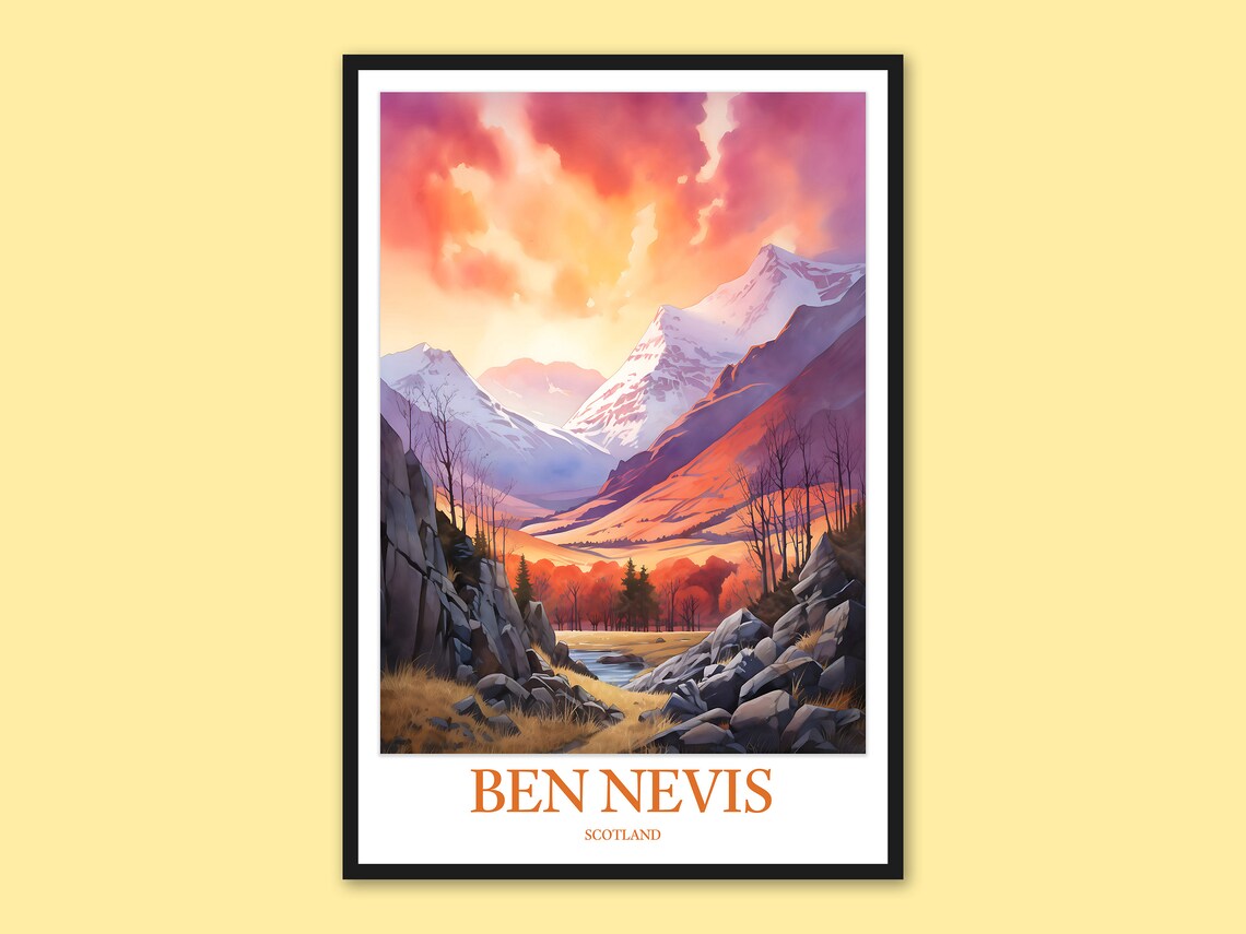 Ben Nevis Scotland Glowing Sunset Mountain Valley Travel Art Poster