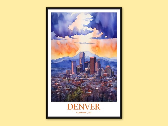 Denver Colorado Stormy Sunset Skyline Watercolor Travel Poster