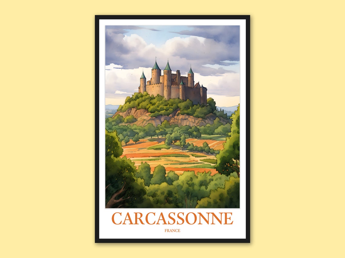 Carcassonne France Medieval Castle Hilltop Vintage Travel Poster