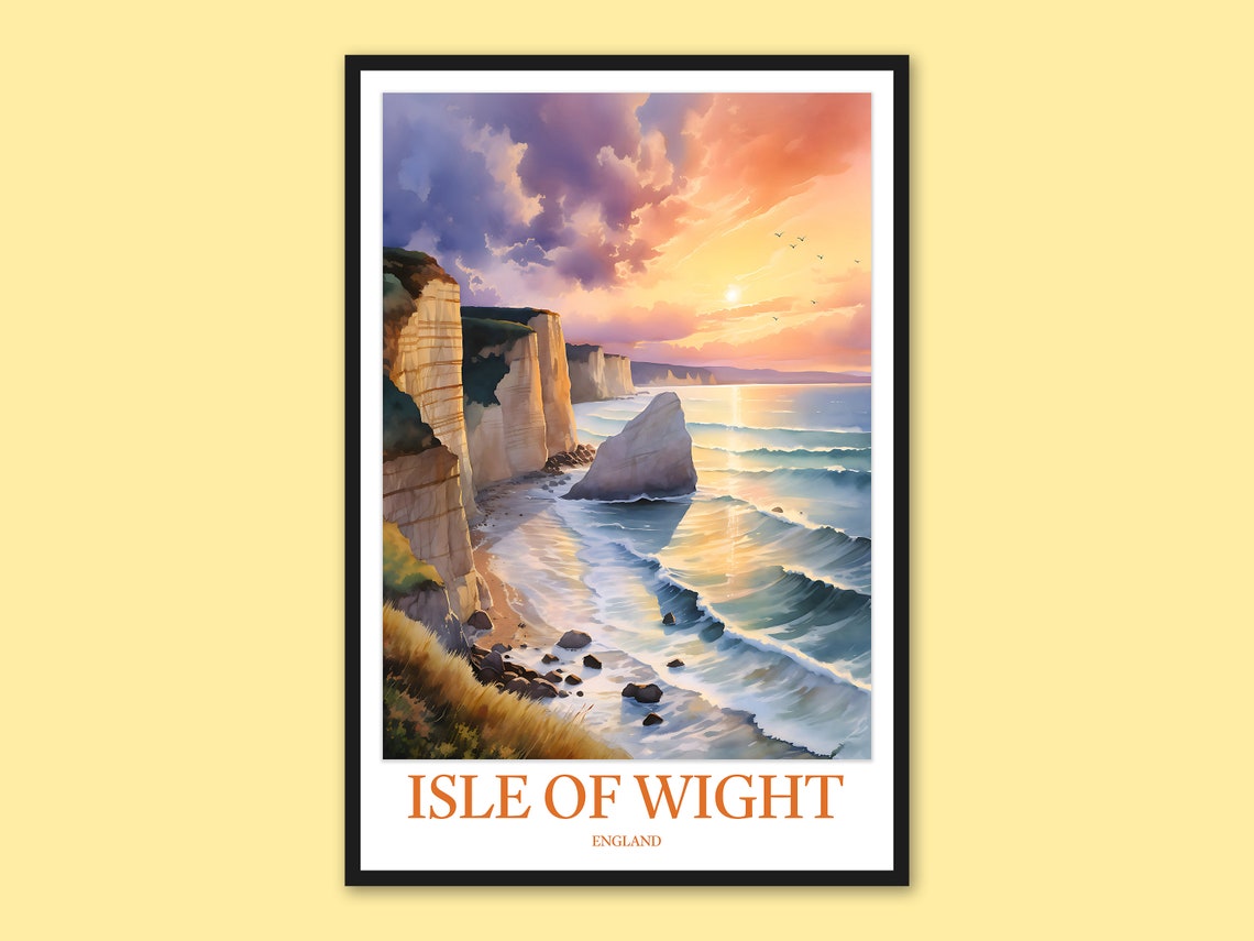 Isle of Wight Chalk Cliffs Sea Stack Sunset Watercolor Poster