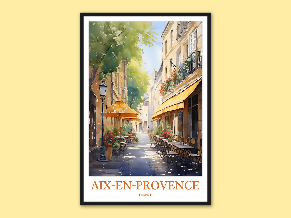 Aix-en-Provence Cafe Terrace Street Watercolor Travel Poster