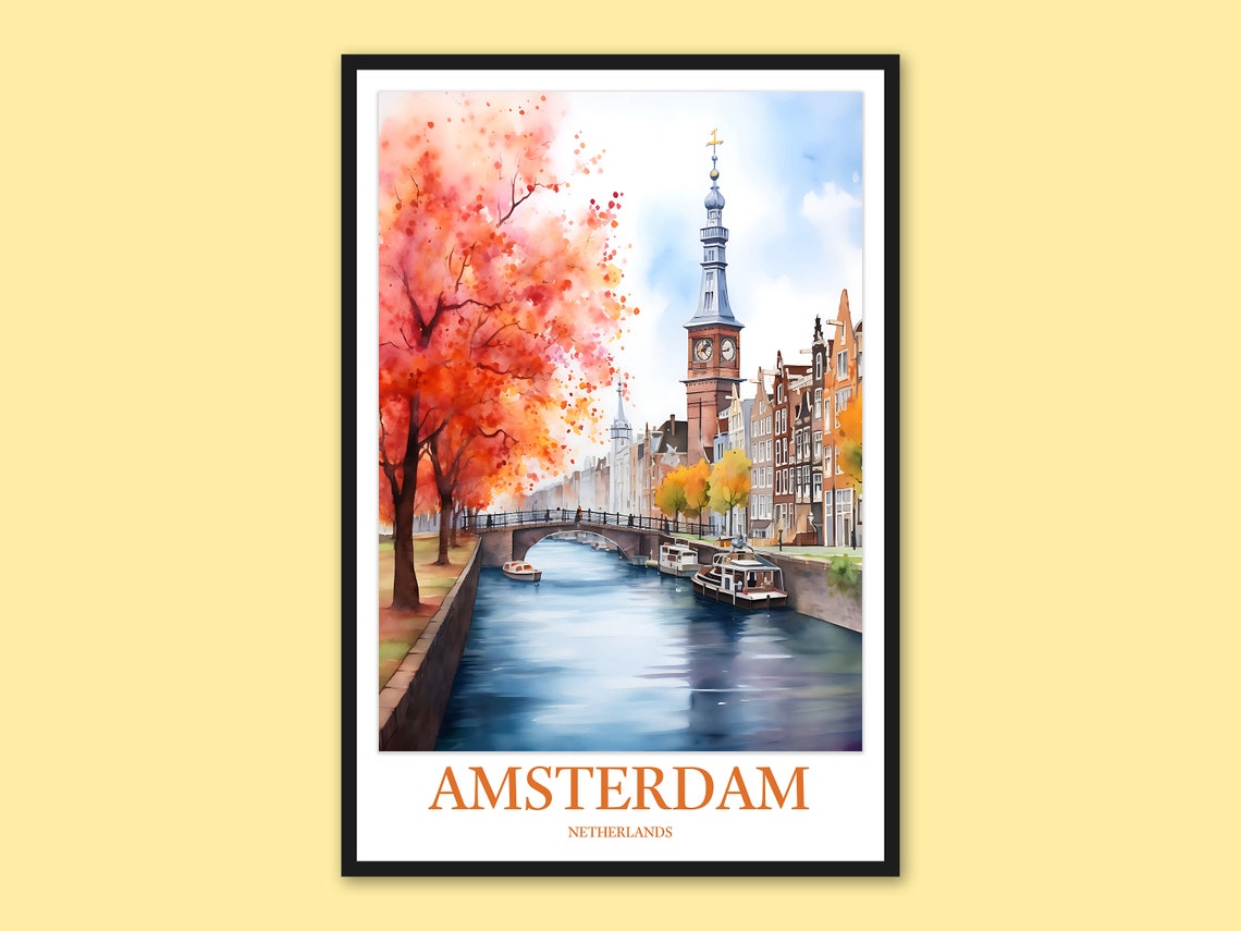 Amsterdam Netherlands Autumn Canal with Red Trees Watercolor Poster