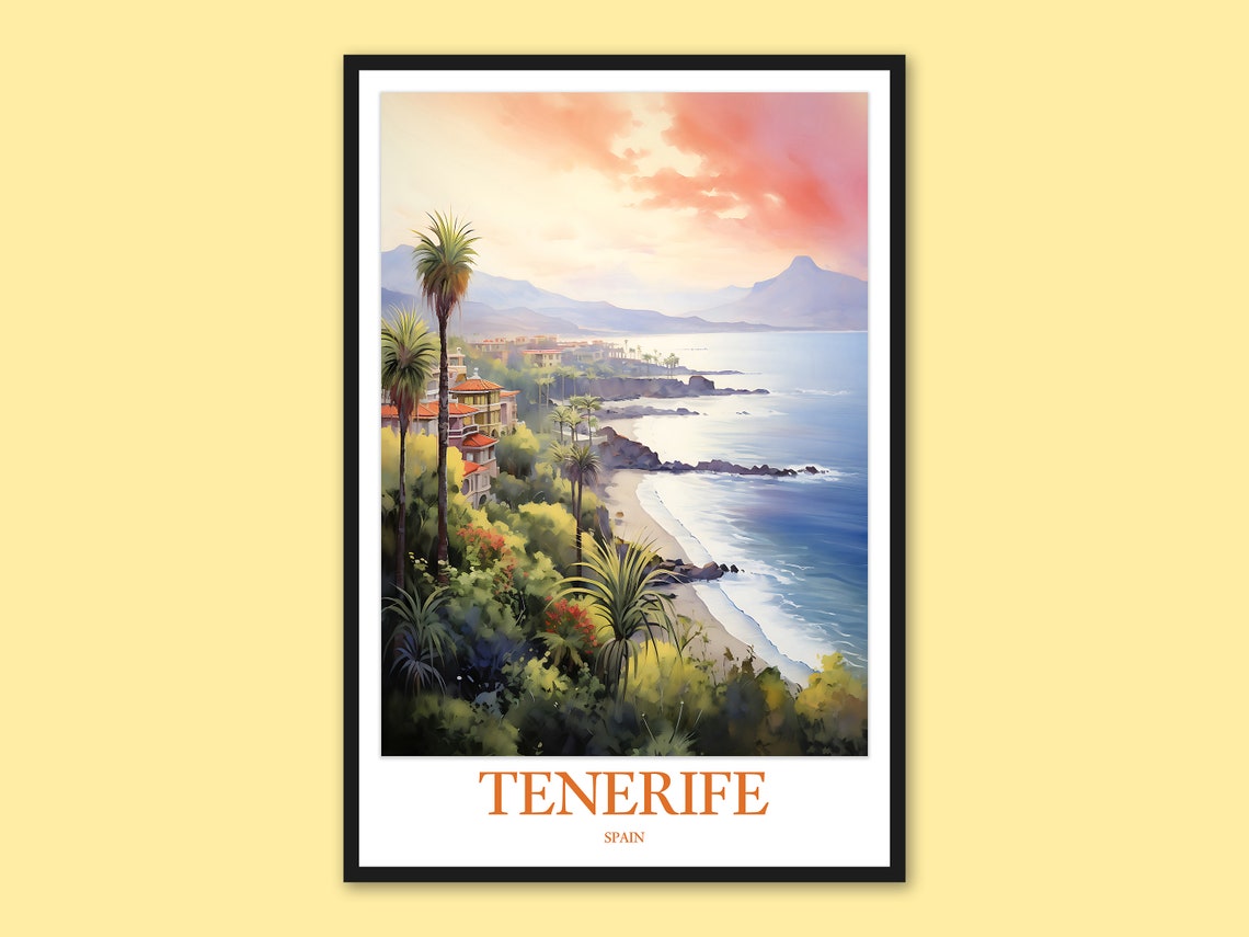 Tenerife Spain Sunset Over the Palms Beach Scene Travel Poster