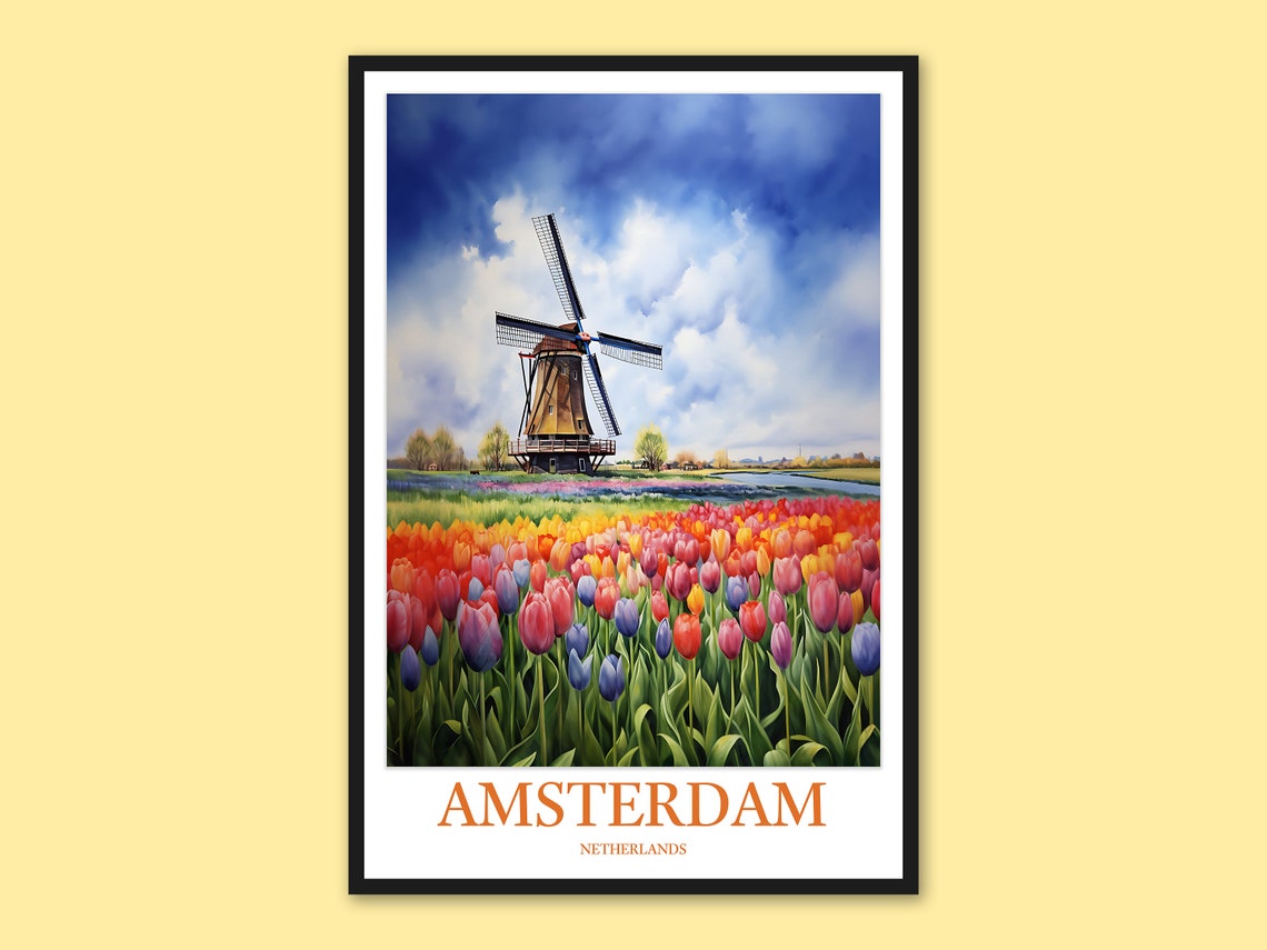 Amsterdam Netherlands Windmill Tulip Fields Watercolor Travel Poster