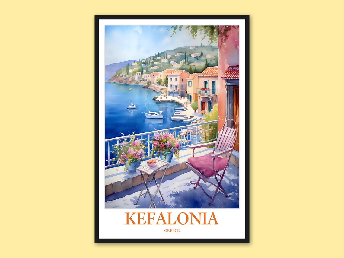 Kefalonia Terrace Harbor View Watercolor Greece Travel Poster