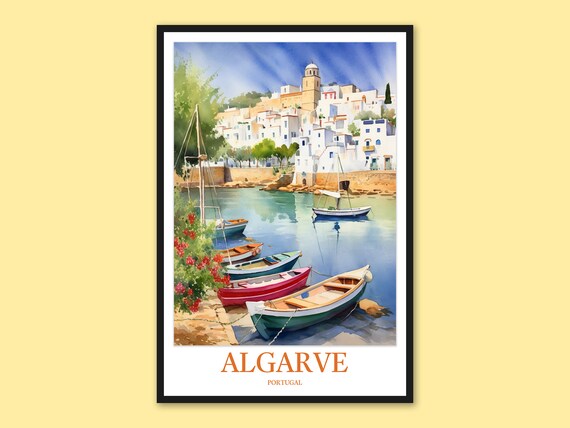 Algarve Portugal Harbor Boats Hillside Village Watercolor Poster