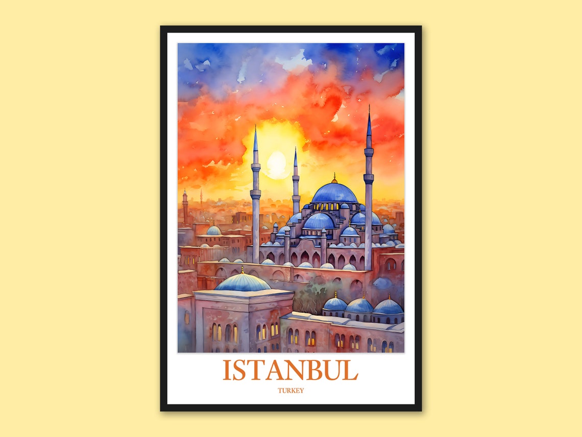 Istanbul Mosque at Sunset Over the City Watercolor Travel Poster