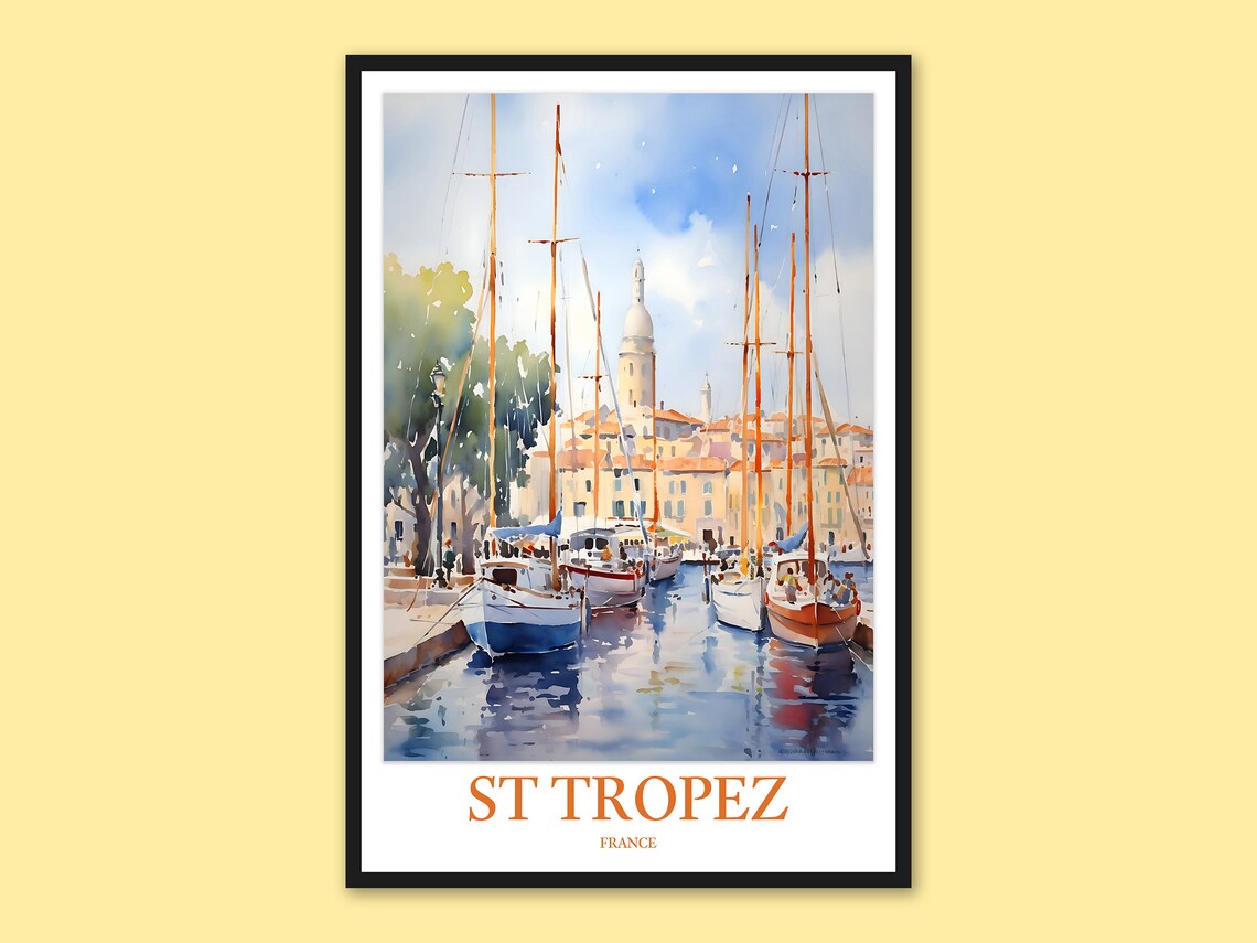 St Tropez France Old Port Bell Tower Boats Watercolor Travel Print