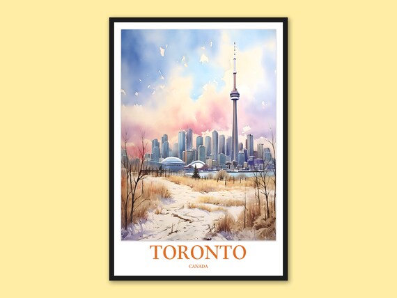 Toronto Canada CN Tower Winter Snow Skyline Watercolor Travel Poster