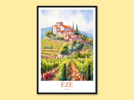 Èze France Watercolor Travel Poster of Hilltop Vineyard Village View