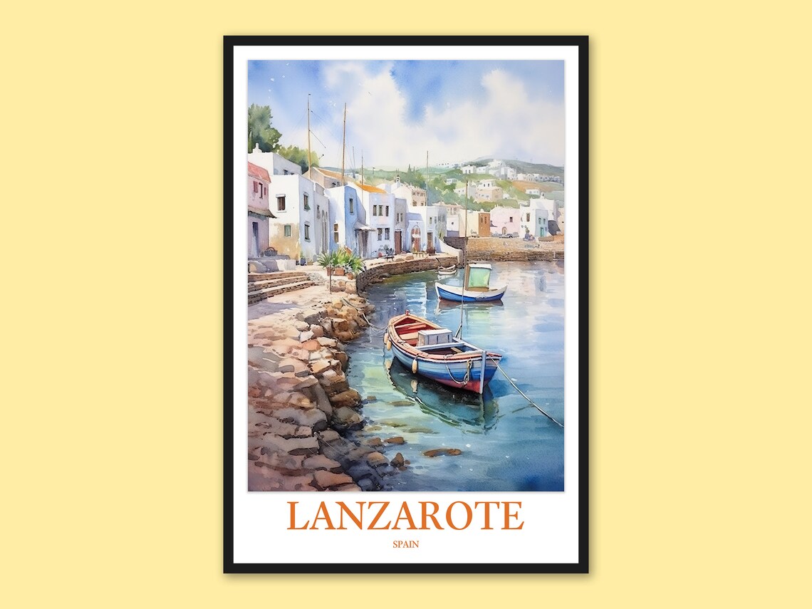 Lanzarote Spain Harbor Fishing Boats Waterfront Watercolor Poster