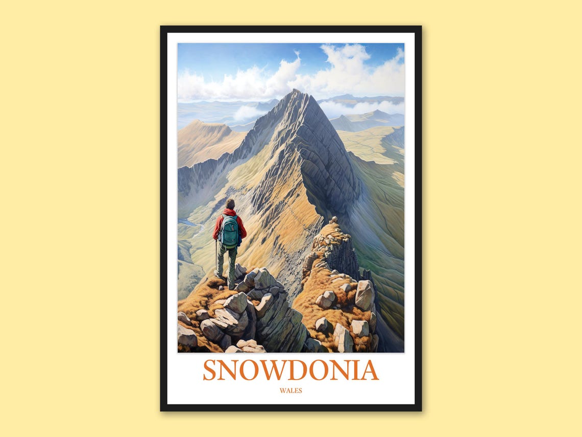 Snowdonia Wales Hiker on Rocky Peak Mountain Landscape Poster