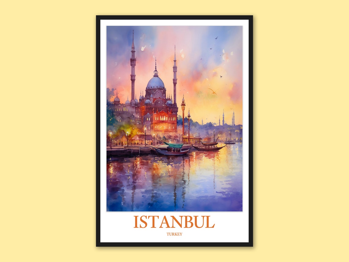 Istanbul Mosque Sunset Twin Minarets Harbor Watercolor Poster
