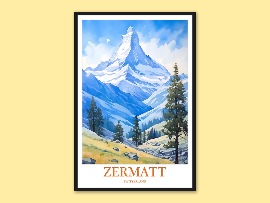 Zermatt Matterhorn Golden Alpine Meadow Summer Watercolor Poster