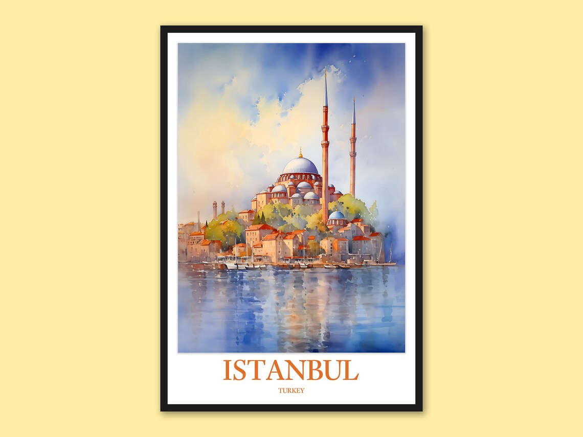 Istanbul Grand Mosque Golden Horn Daytime Watercolor Art Poster