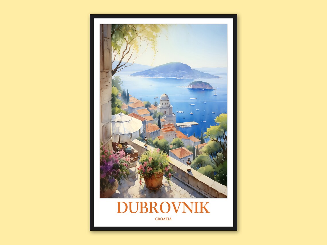 Dubrovnik Croatia Flower Terrace Old Town Sea View Watercolor Poster