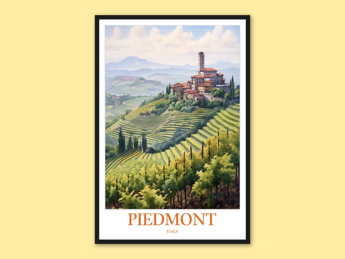 Piedmont Italy Rolling Vineyard Hills Hilltop Village Travel Poster
