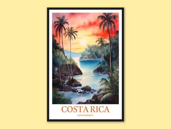 Costa Rica Watercolor Sunset Palms over the Bay Travel Poster