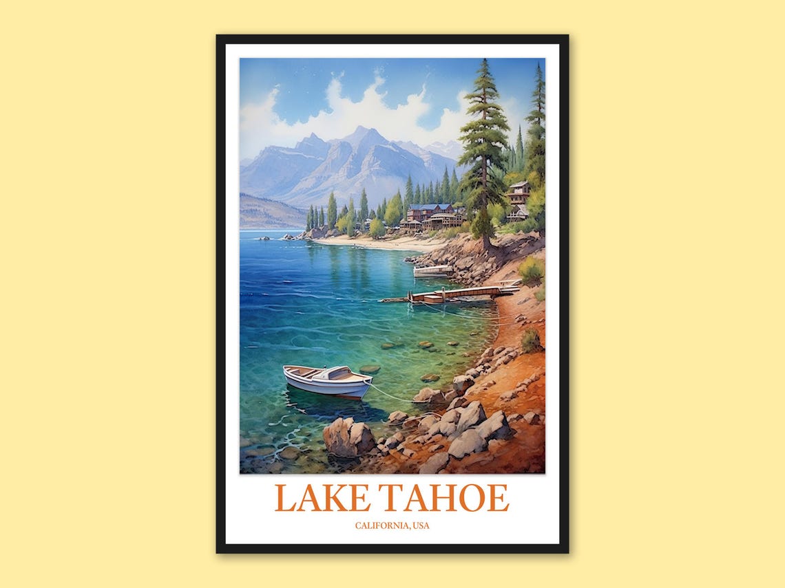 Lake Tahoe California Turquoise Shore Boat Cabin Scene Poster
