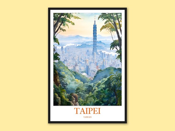 Taipei Taiwan Taipei 101 Skyline Watercolor Mountain View Poster