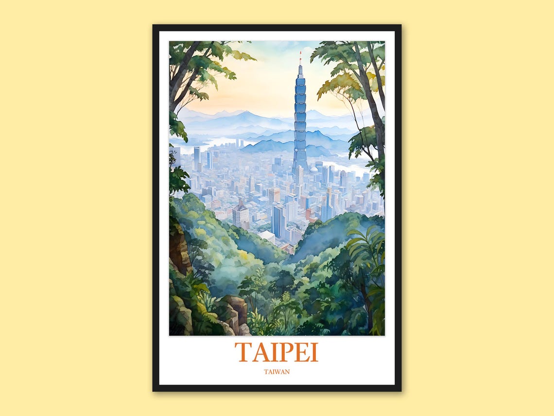 Taipei Taiwan Taipei 101 Skyline Watercolor Mountain View Poster